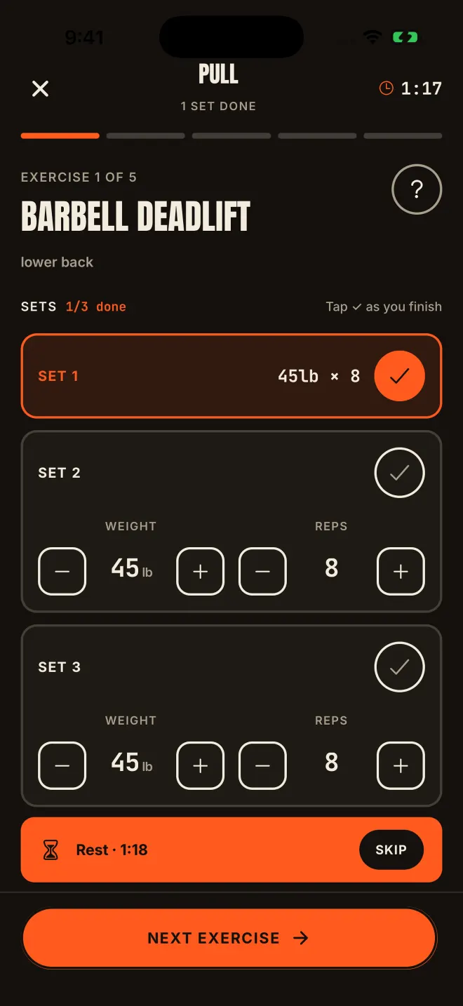 Rally active workout tracker with sets, reps, and rest timer
